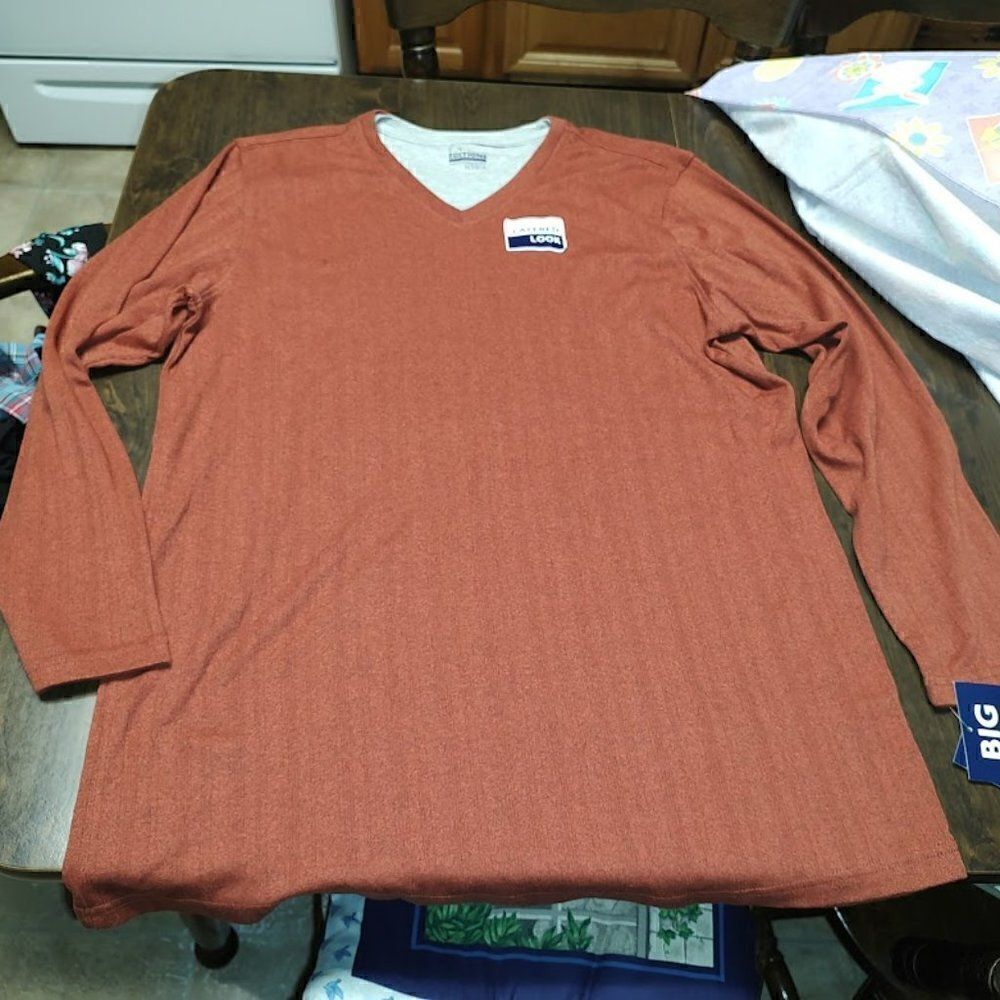 New Basic Editions Dark Orange Long Sleeve 2Fer V Neck Top Size Men's XL Tall
